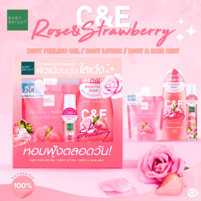 BABY BRIGHT C & E ROSE & STRAWBERRY BODY LOTION 150ML+PEELING GEL 200ML+BODY & HAIR MIST 20ML